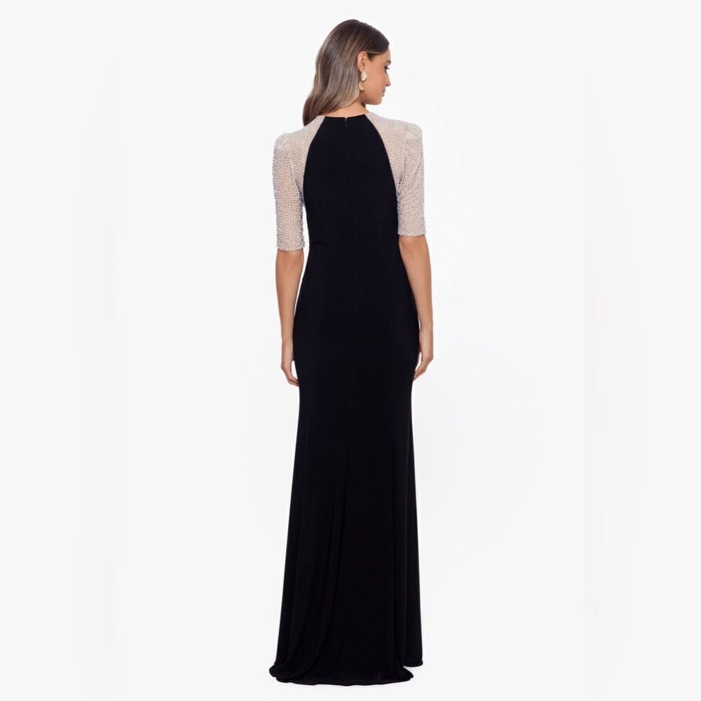Xscape Black Gown with Beaded Champagne Sleeves - Picture 3 of 7
